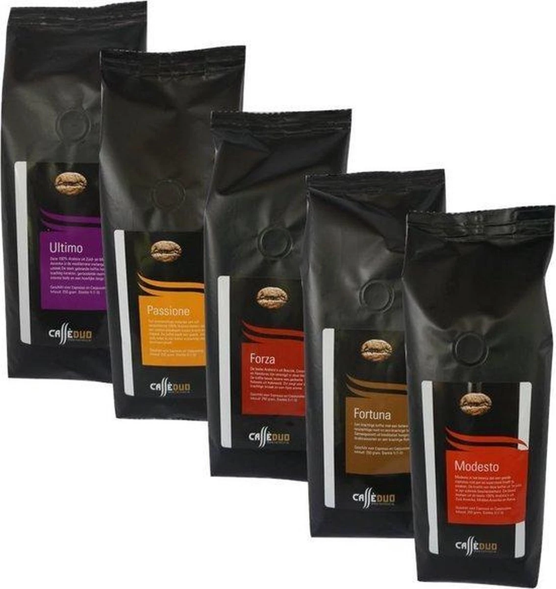 Proefpakket Koffiebonen - Caffè Duo - 5 X 250 Gram - Inclusief 100% Arabica Melanges 1 Proefpakket Koffiebonen - Caffè Duo - 5 X 250 Gram - Inclusief 100% Arabica Melanges