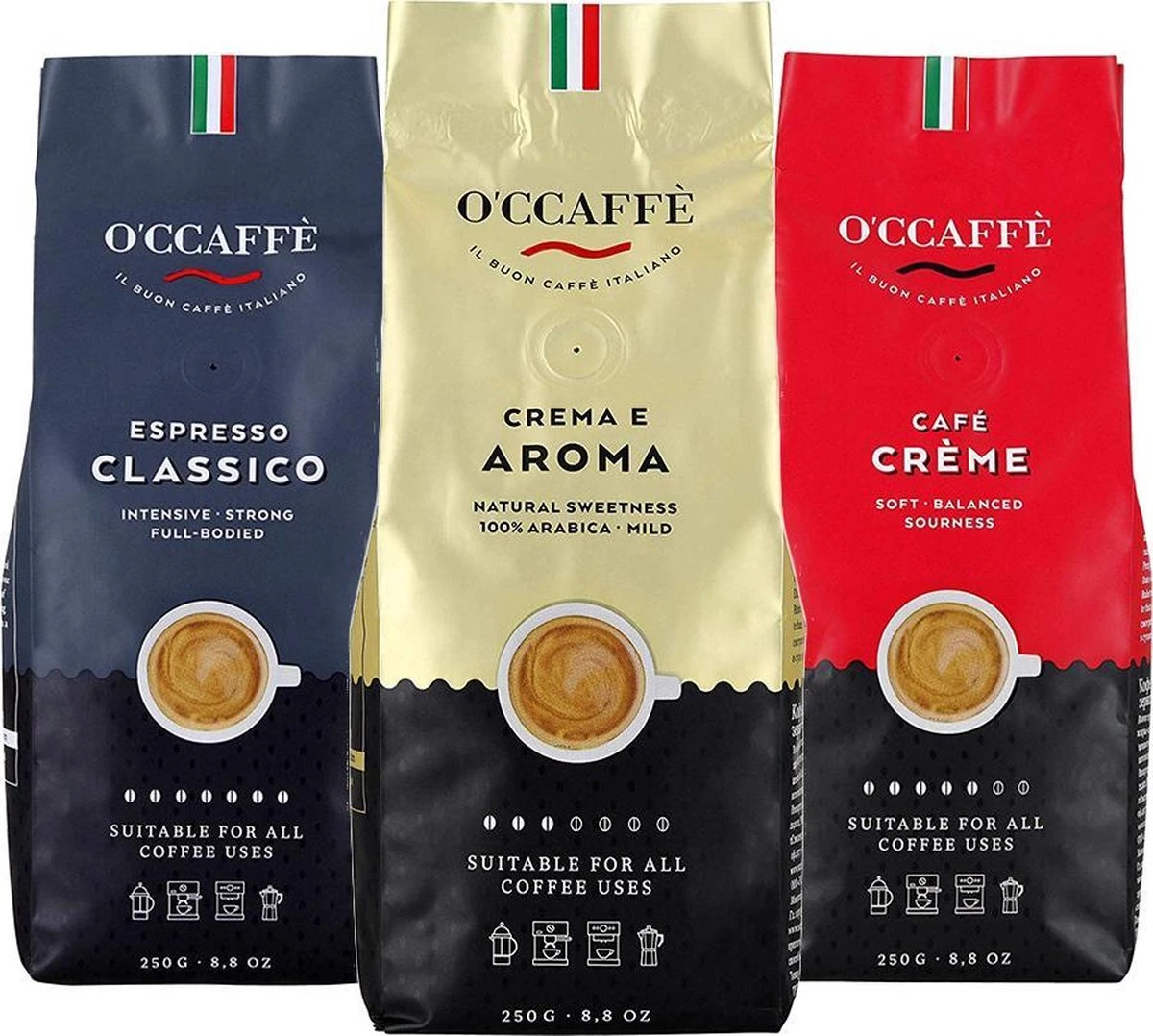 O'ccaffè - Italiaanse Koffiebonen Proefpakket | 3 X 250gr | Barista Kwaliteit 1 O'ccaffè - Italiaanse Koffiebonen Proefpakket | 3 X 250gr | Barista Kwaliteit