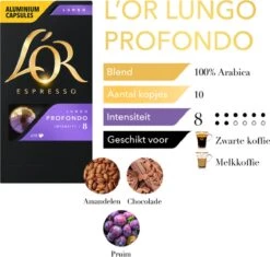 L'OR Lungo Profondo Koffiecups - Intensiteit 8/12 - 10 X 10 Capsules -Koffie Discountwinkel 1200x1140