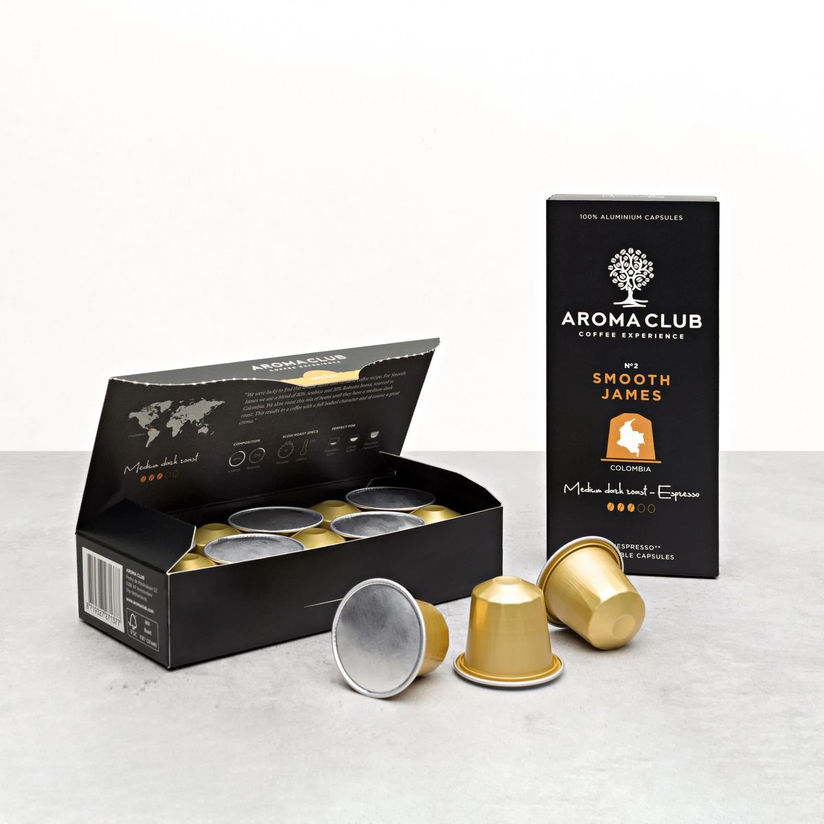 Aroma Club - Nespresso Compatible Capsules (120 St.) - No. 2 Smooth James - Intensiteit 3/5 - Espresso & Lungo - 100% Aluminium Koffiecups 2 Aroma Club - Nespresso Compatible Capsules (120 St.) - No. 2 Smooth James - Intensiteit 3/5 - Espresso & Lungo - 100% Aluminium Koffiecups - Afbeelding 2