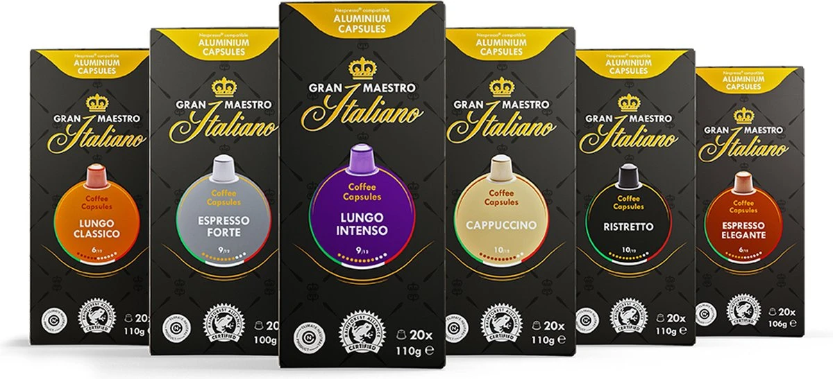 Gran Maestro Italiano – Koffiecups - Nespresso Compatibel Proefpakket – Oriëntatiepakket – Lungo, Espresso En Meer – 120 Cups 1 Gran Maestro Italiano – Koffiecups - Nespresso Compatibel Proefpakket – Oriëntatiepakket – Lungo, Espresso En Meer – 120 Cups