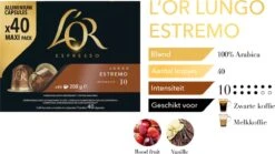 L'OR Lungo Estremo Koffiecups - Intensiteit 10/12 - 4 X 40 Capsules -Koffie Discountwinkel 1200x676