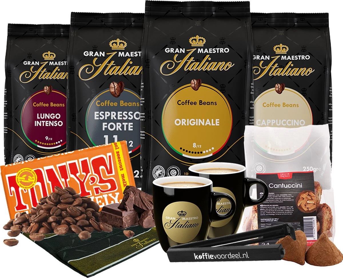 Gran Maestro Italiano - Koffiebonen Proefpakket - Koffie Cadeaupakket - 4 Soorten Koffie, Tony's Chocolonely Karamel Zeezout, Cantuccini Koekjes En Bekers 1 Gran Maestro Italiano - Koffiebonen Proefpakket - Koffie Cadeaupakket - 4 Soorten Koffie, Tony's Chocolonely Karamel Zeezout, Cantuccini Koekjes En Bekers