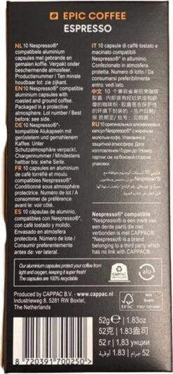100 Capsules Epic Coffee - Espresso - Nespresso® Compatible Aluminium Capsules - RFA Keurmerk - Doos 100 Stuks -Koffie Discountwinkel 556x1200