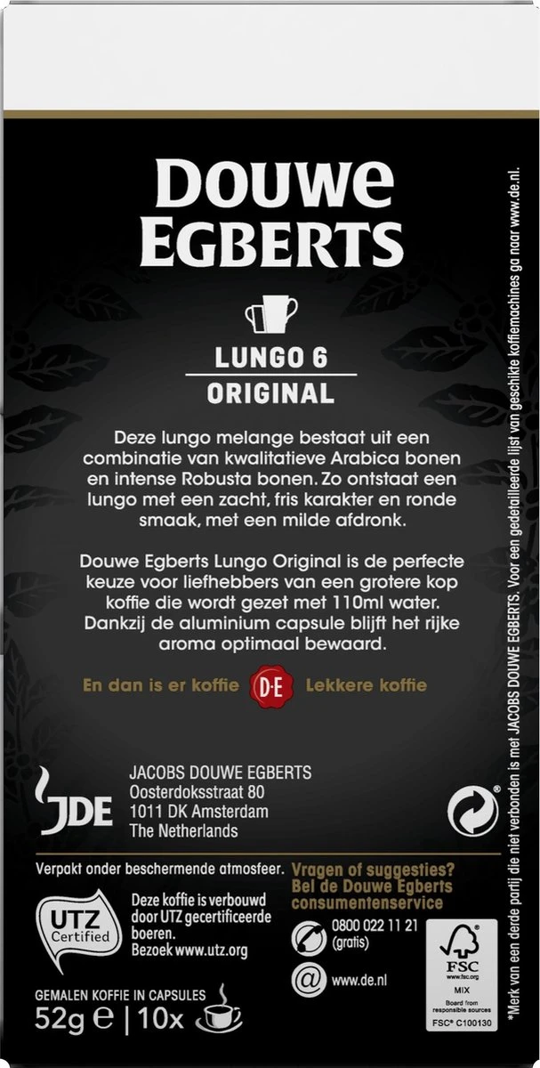 Douwe Egberts Lungo Original Koffiecups - Intensiteit 6/12 - 10 X 10 Capsules 3 Douwe Egberts Lungo Original Koffiecups - Intensiteit 6/12 - 10 X 10 Capsules - Afbeelding 3