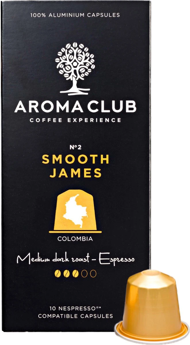 Aroma Club - Nespresso Compatible Capsules (120 St.) - No. 2 Smooth James - Intensiteit 3/5 - Espresso & Lungo - 100% Aluminium Koffiecups 1 Aroma Club - Nespresso Compatible Capsules (120 St.) - No. 2 Smooth James - Intensiteit 3/5 - Espresso & Lungo - 100% Aluminium Koffiecups